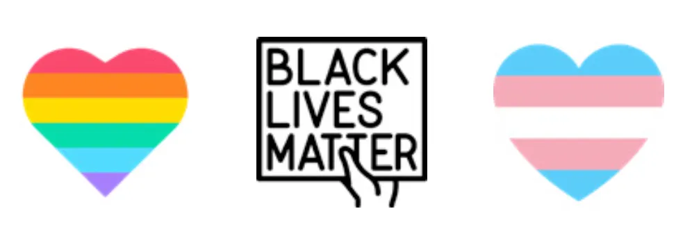 An image comprising of a rainbow heart, a black lives matter sign and a heart made using the colors of the trans flag.